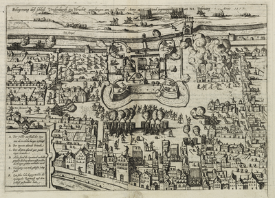 39497 Afbeelding van de belegering van het kasteel Vredenburg te Utrecht vanuit een denkbeelding hoog standpunt, met op ...